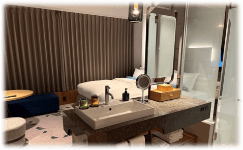 ホテルニッコースタイルニセコHANAZONOの部屋。部屋の中央に向かって洗面台があり、ガラス張りの風呂がある。